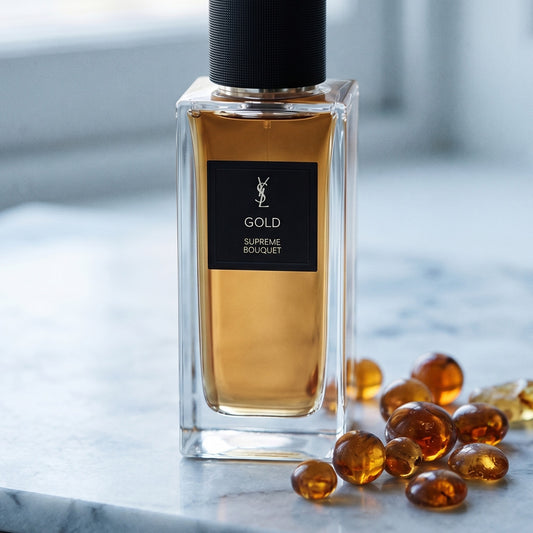 Yves Saint Laurent Supreme Bouquet EDP on pale grey marble with amber resin beads scattered to one side
