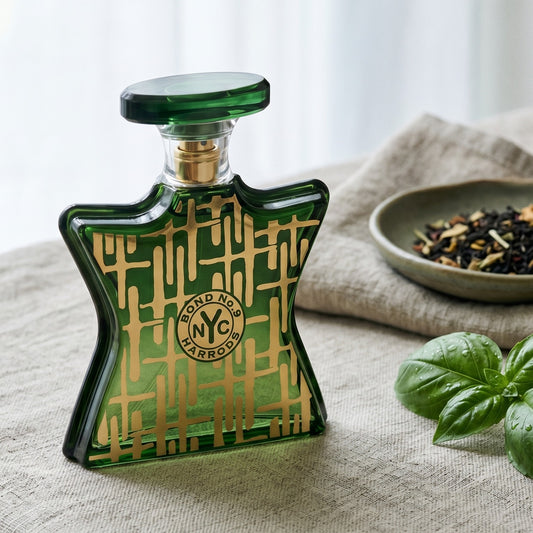 Bond No. 9 Harrods For Him EDP on raw linen with fresh basil and mint sprigs with a small ceramic dish of loose tea