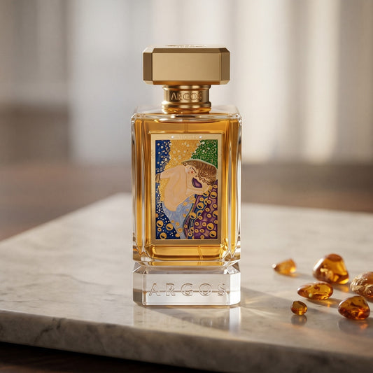 Argos Love Triumphs Over War EDP on pale grey marble with amber resin beads scattered to one side
