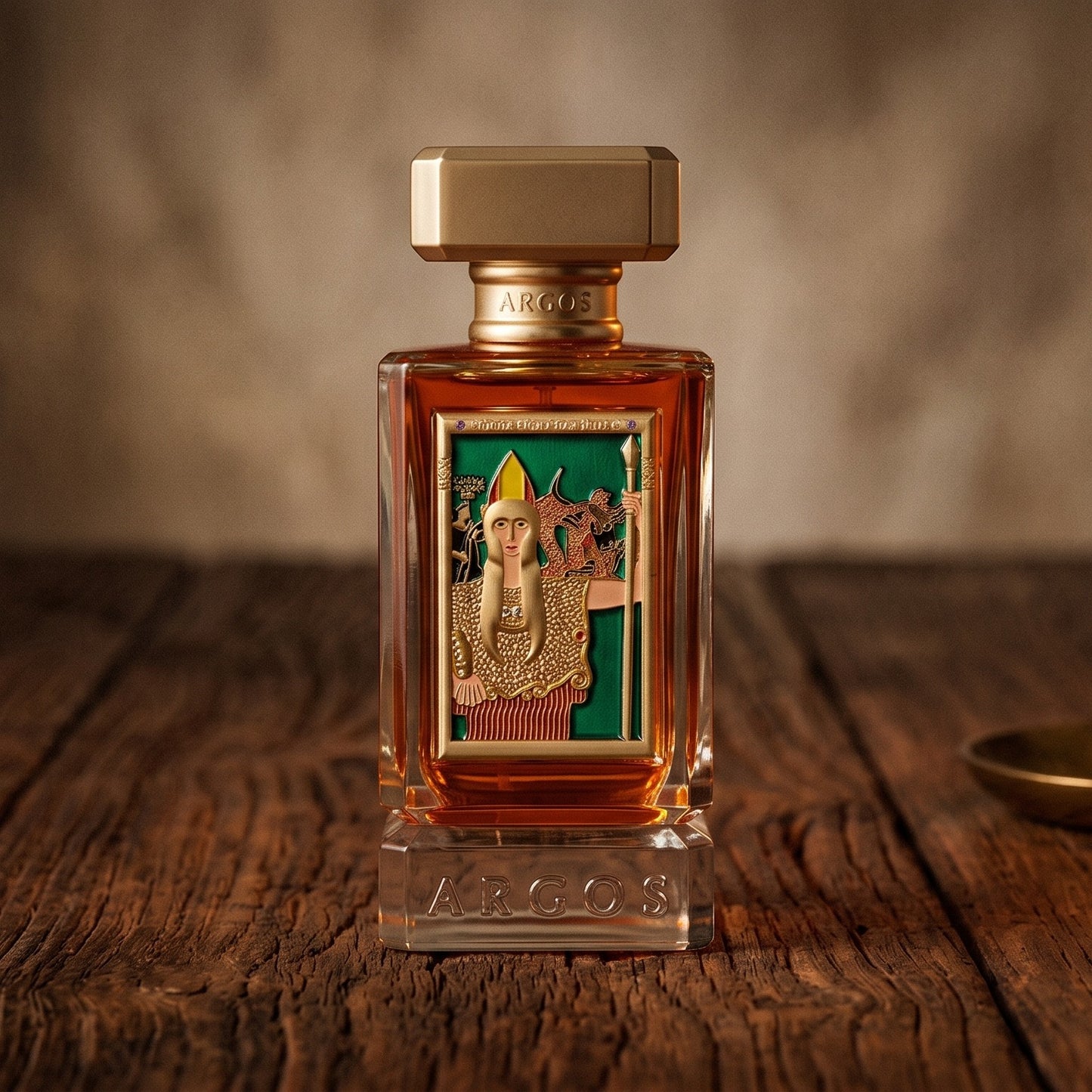 Argos Pallas Athene EDP on aged teak with a candle burning gently to frame-right