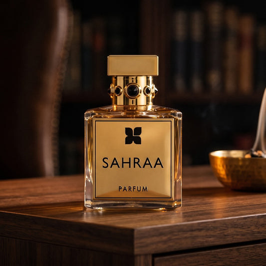 Fragrance Du Bois Sahraa Parfum EDP on dark walnut console with a small brass incense bowl with smoke curling upward