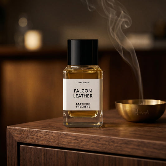 Matiere Premiere Falcon Leather EDP on dark walnut console with a small brass incense bowl with smoke curling upward