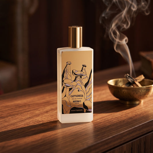Memo Paris Cappadocia EDP on dark walnut console with a small brass incense bowl with smoke curling upward