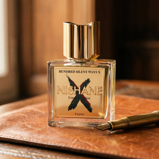 Nishane Hundred Silent Ways X Extrait on aged cognac-leather surface with a brass fountain pen resting beside the bottle