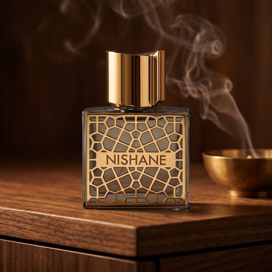 Nishane Nefs Extrait de Parfum on dark walnut console with a small brass incense bowl with smoke curling upward