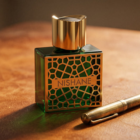 Nishane Shem Extrait de Parfum on aged cognac-leather surface with a brass fountain pen resting beside the bottle