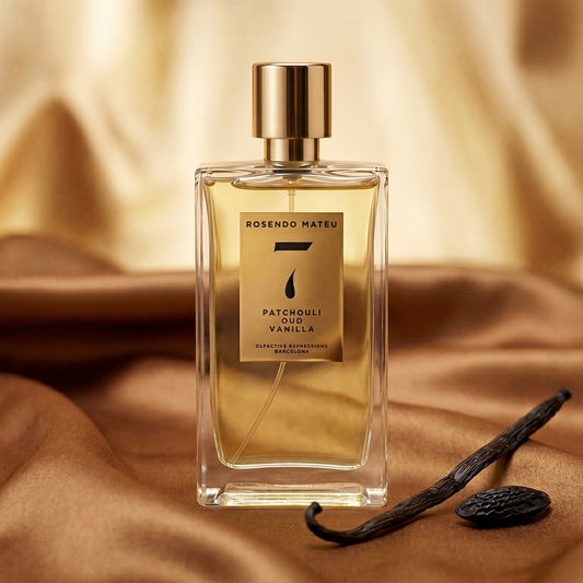 Rosendo Mateu No 7 EDP on warm caramel silk with a vanilla pod and tonka bean beside the bottle