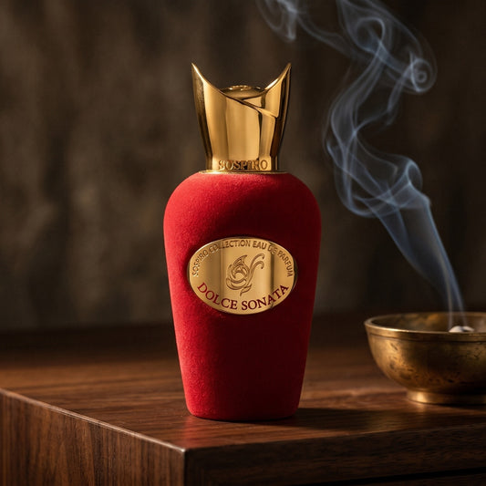 Sospiro Dolce Sonata EDP on dark walnut console with a small brass incense bowl with smoke curling upward