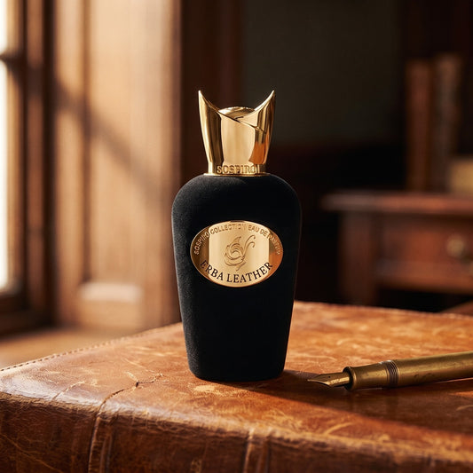 Sospiro Erba Leather EDP on aged cognac-leather surface with a brass fountain pen resting beside the bottle