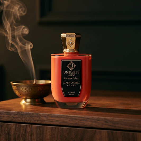Unique Luxury Mashumaro Extrait on dark walnut console with a small brass incense bowl with smoke curling upward