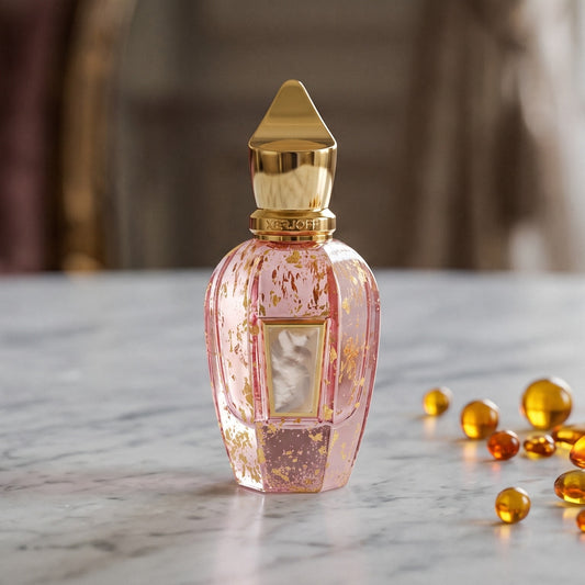 Xerjoff Elle Anniversary Parfum on pale grey marble with amber resin beads scattered to one side