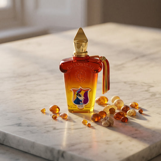 Xerjoff Levar Del Sole EDP on pale grey marble with amber resin beads scattered to one side