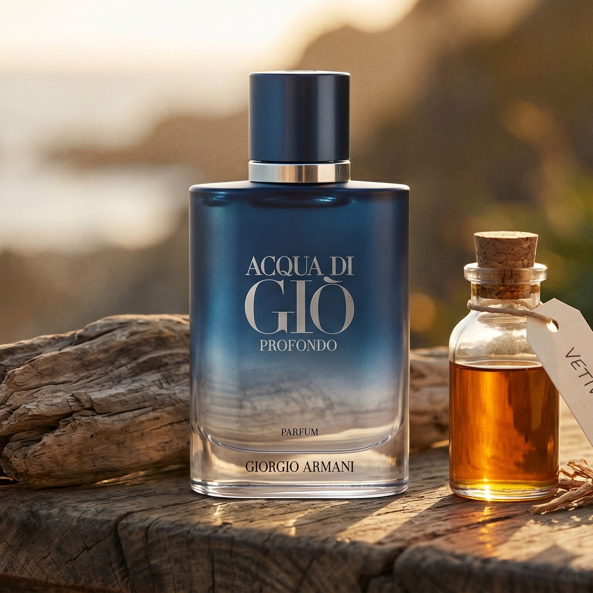 Acqua di Gio Profondo Parfum on weathered driftwood with a small glass vial of vetiver oil