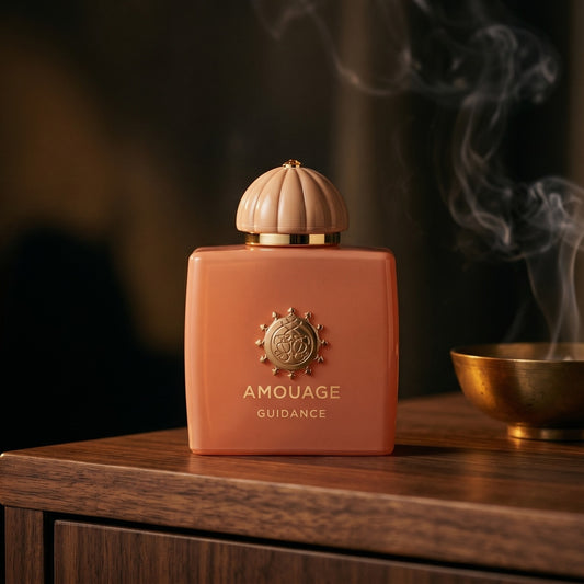 Amouage Guidance on ebony surface with a hammered copper censer releasing frankincense haze