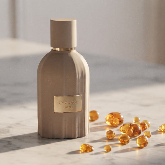 Amouage Lustre Essence de Parfum on pale grey marble with amber resin beads scattered to one side