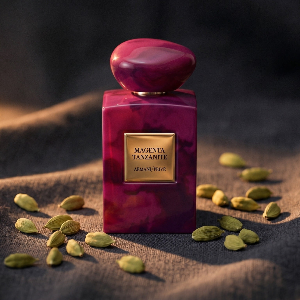 Armani/Prive Magenta Tanzanite on charcoal linen with cardamom pods