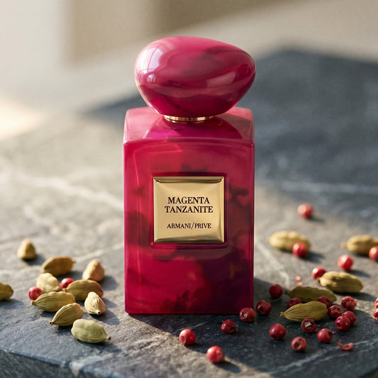 Armani/Prive Magenta Tanzanite on dark grey stone slab with cardamom pods and pink peppercorns scattered