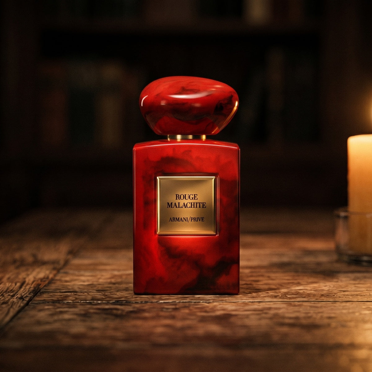 Armani/Prive Rouge Malachite on aged teak with a candle burning gently to frame-right