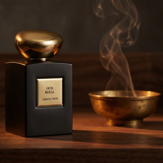 Armani/Prive Royal Oud EDP on dark walnut console with a small brass incense bowl, smoke curling upward