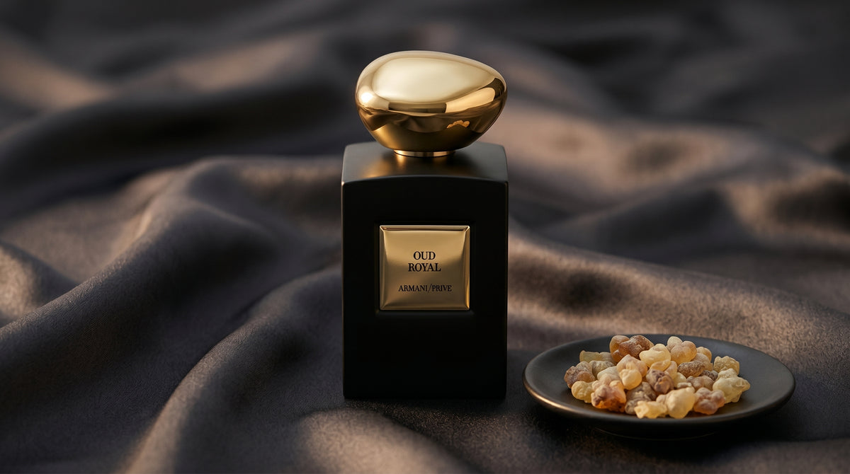 Armani/Prive Royal Oud EDP on charcoal silk with frankincense resin granules in a small saucer