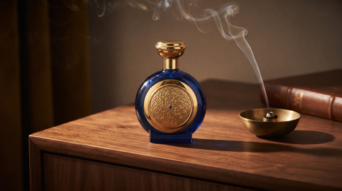 Boadicea the Victorious Blue Sapphire EDP on dark walnut console with a small brass incense bowl with smoke curling upward
