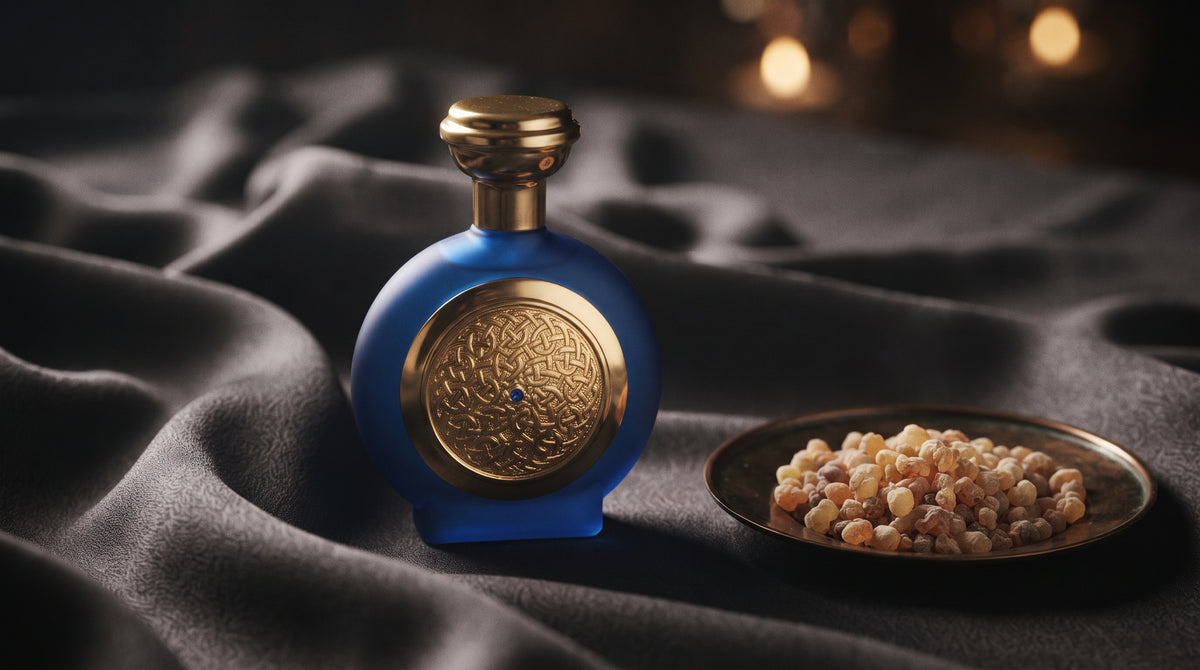 Boadicea the Victorious Blue Sapphire EDP on charcoal silk with frankincense resin granules in a small saucer