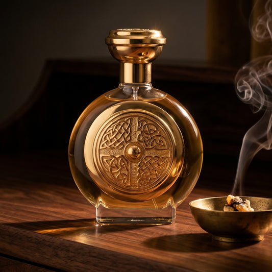 Boadicea the Victorious Defender on smoked-glass tabletop with a lacquered incense burner in mid-glow