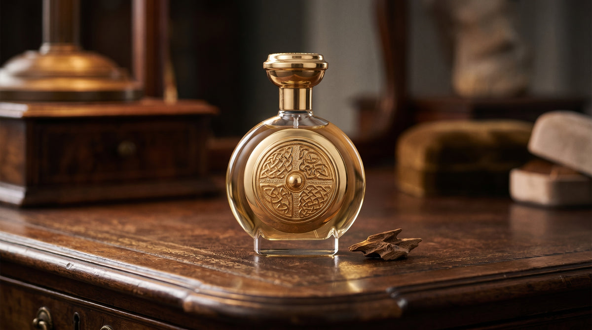 Boadicea the Victorious Defender on aged leather-topped desk with a single agarwood chip beside the bottle