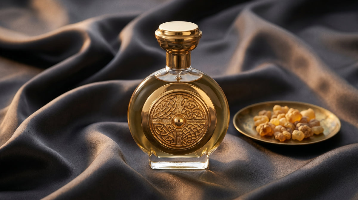 Boadicea the Victorious Defender on charcoal silk with frankincense resin granules in a small saucer