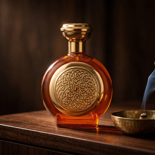 Boadicea the Victorious Tobacco Sapphire on charcoal slate with a slender oud chip and drifting incense smoke