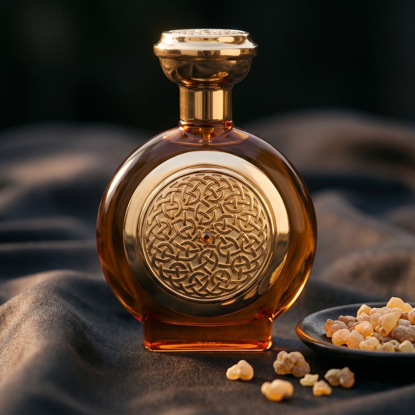 Boadicea the Victorious Tobacco Sapphire on charcoal silk with frankincense resin granules in a small saucer