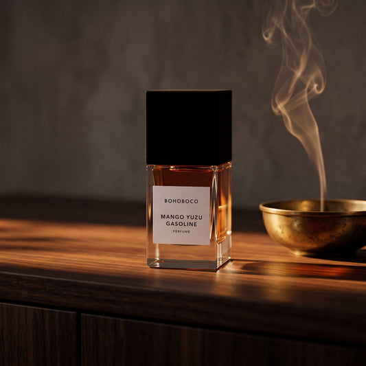 Bohoboco Mango Yuzu Gasoline Perfume on dark walnut console with a small brass incense bowl with smoke curling upward