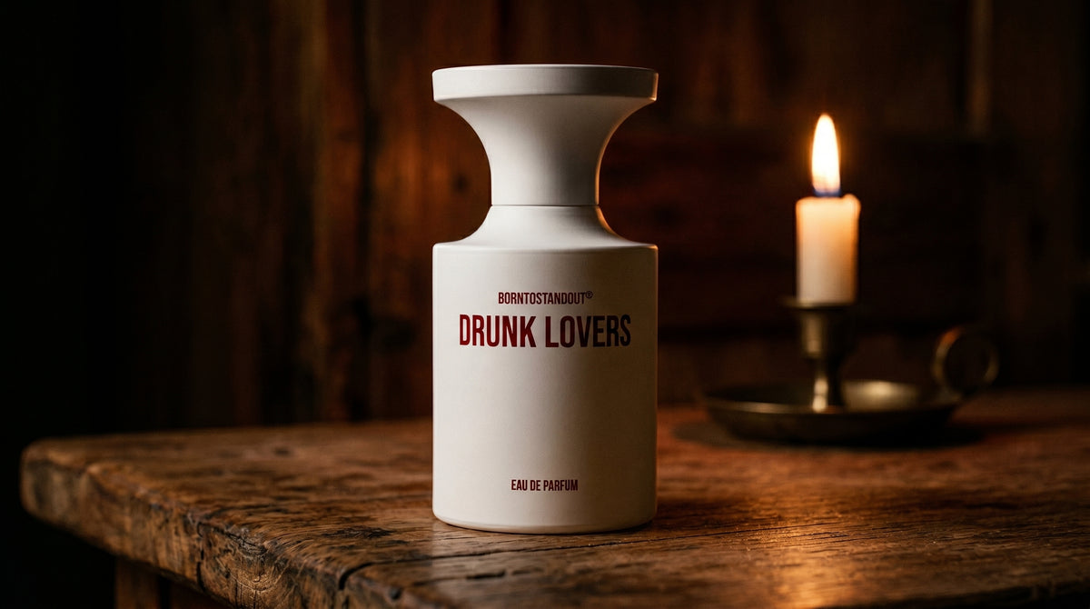 Borntostandout Drunk Lovers EDP on aged teak with a candle burning gently to frame-right