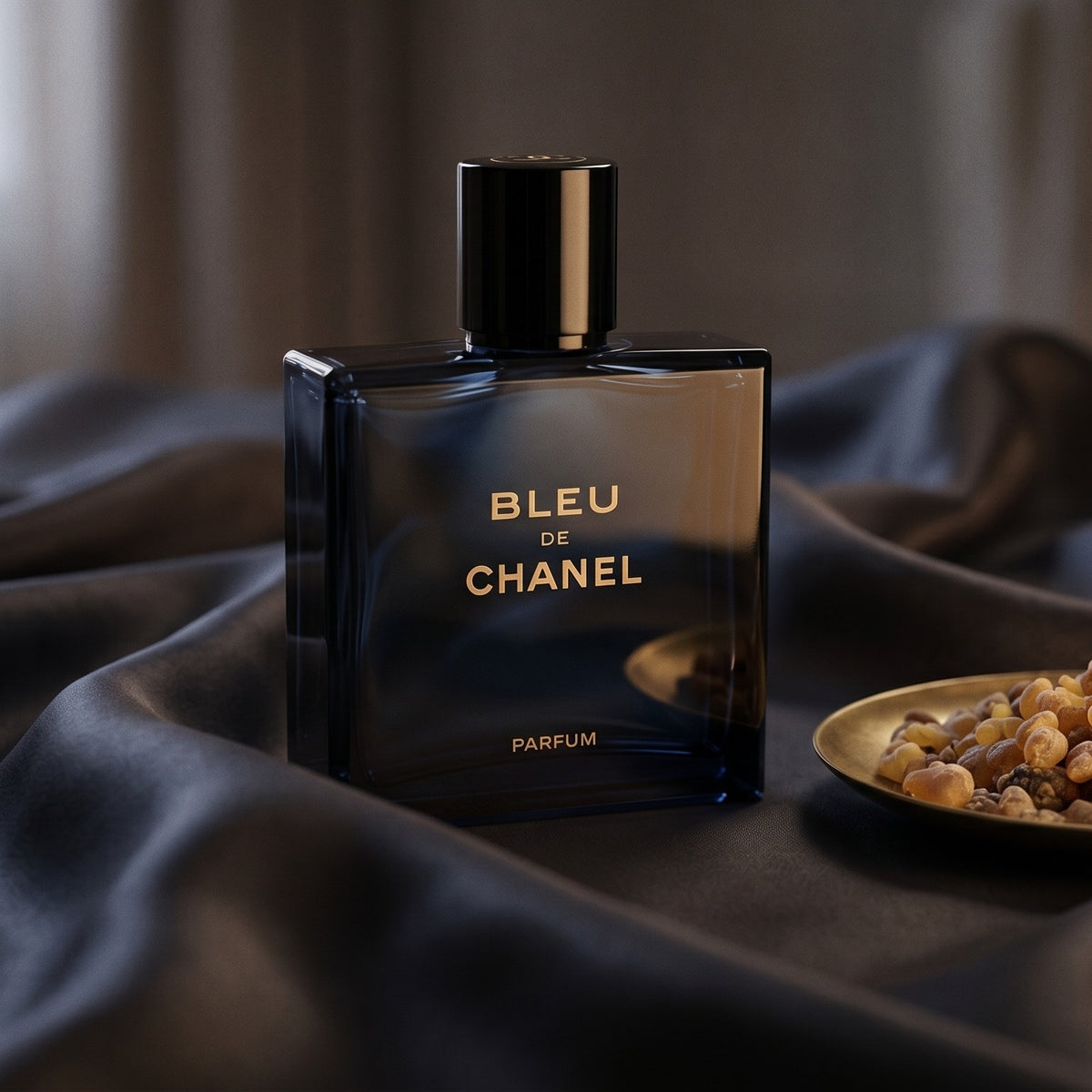 Chanel Bleu de Chanel EDT on black velvet with a thread of smoking oud between folds