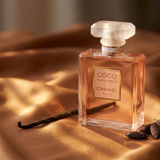 Chanel Coco Mademoiselle on warm caramel silk with a vanilla pod and tonka bean beside the bottle