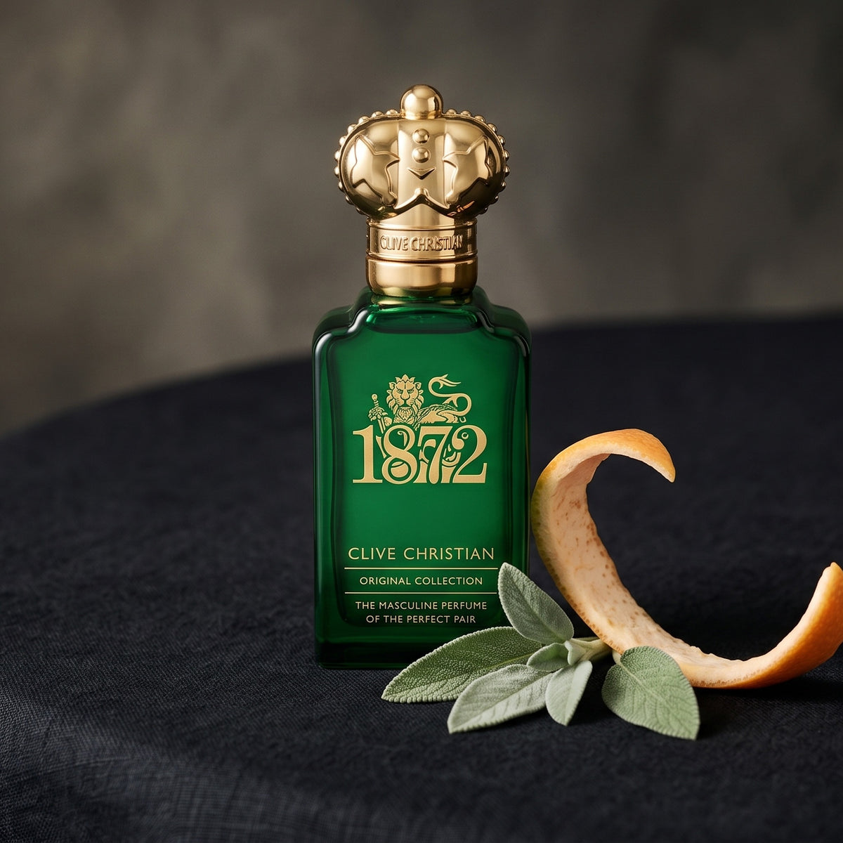 Clive Christian 1872 Masculin on onyx linen with clary sage leaves and a curl of grapefruit peel