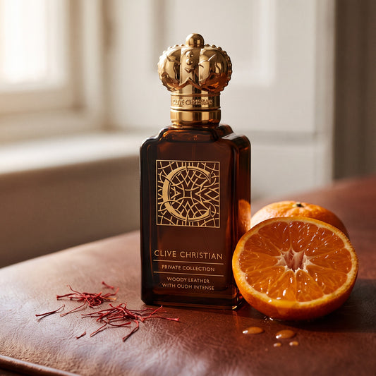 Clive Christian Private Collection C Woody Leather Oud on dark cognac leather with a halved mandarin and a few saffron threads