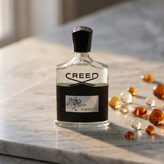Creed Aventus on pale grey marble with amber resin beads scattered to one side