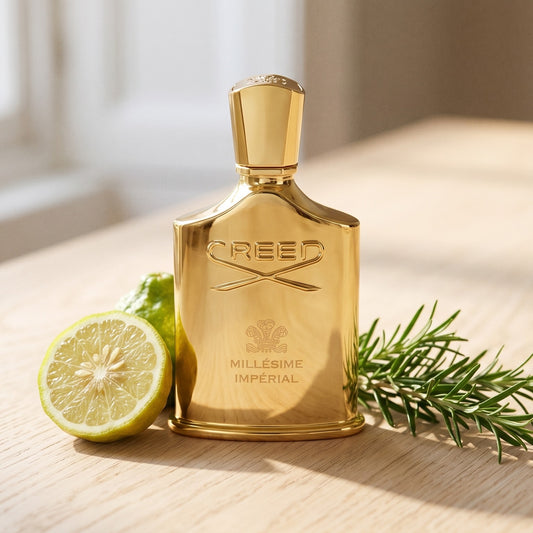 Creed Millesime Imperial on sun-washed pine with a sliced grapefruit and mint leaves