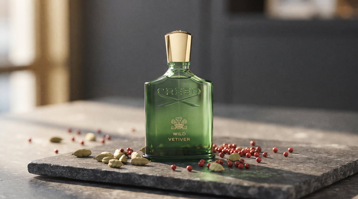 Creed Wild Vetiver EDP on dark grey stone slab with cardamom pods and pink peppercorns scattered