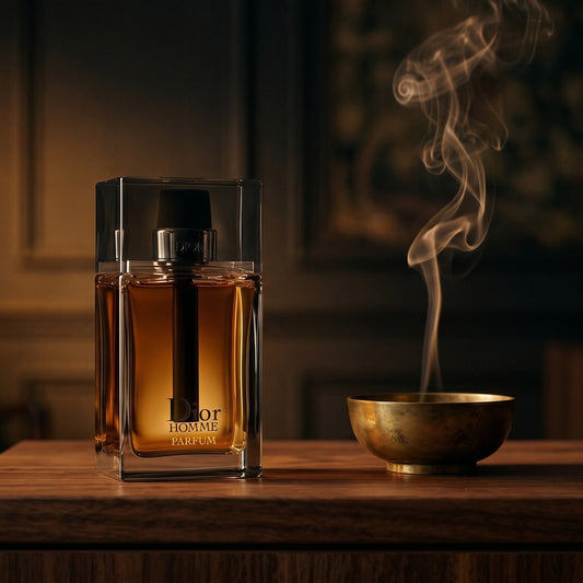 Dior Homme Parfum on dark walnut console with a small brass incense bowl, smoke curling upward