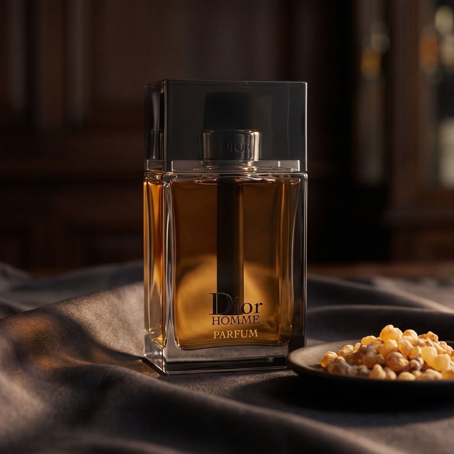 Dior Homme Parfum on charcoal silk with frankincense resin granules in a small saucer