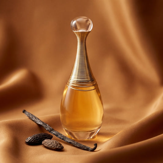 Dior J’adore on golden silk with a small dish of crystallized honey