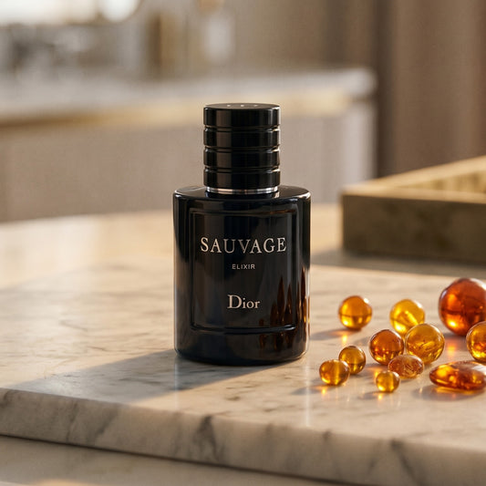 Dior Sauvage Elixir on warm ivory travertine with labdanum chunks clustered by the base