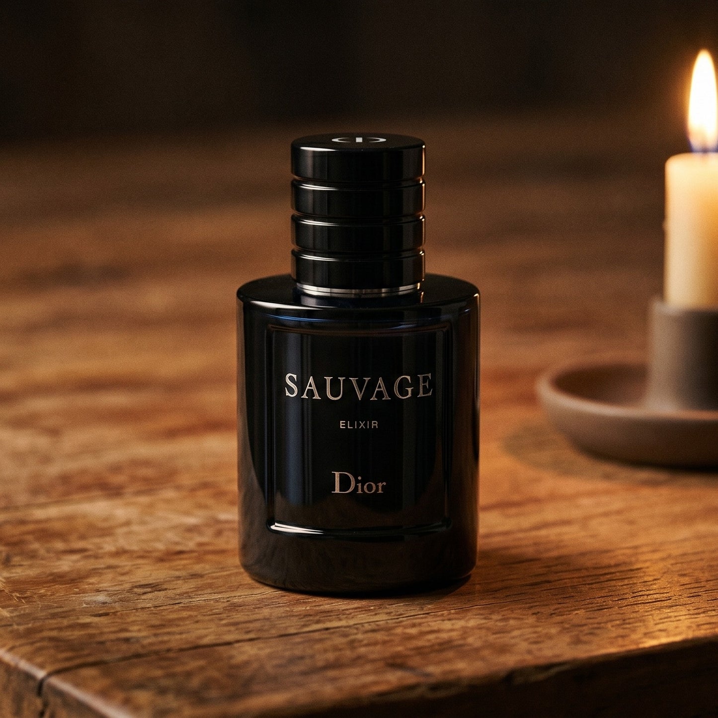 Dior Sauvage Elixir on dark cherrywood with a tall beeswax taper casting warm light