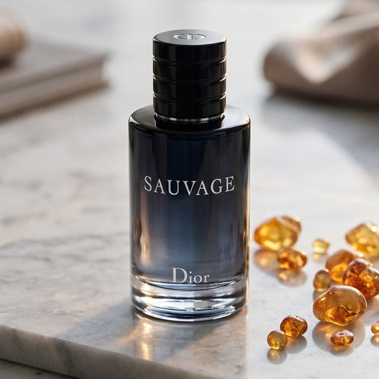 Dior Sauvage on pale sandstone with golden amber shards catching the light