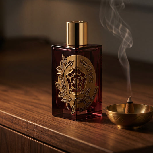 Etat Libre 500 Year EDP on ebony surface with a hammered copper censer releasing frankincense haze