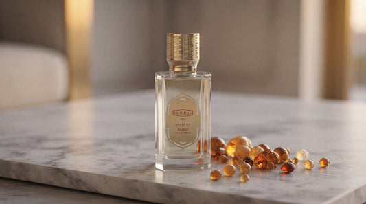 Ex Nihilo Scarlet Sands EDP - Dubai Exclusive on pale grey marble with amber resin beads scattered to one side