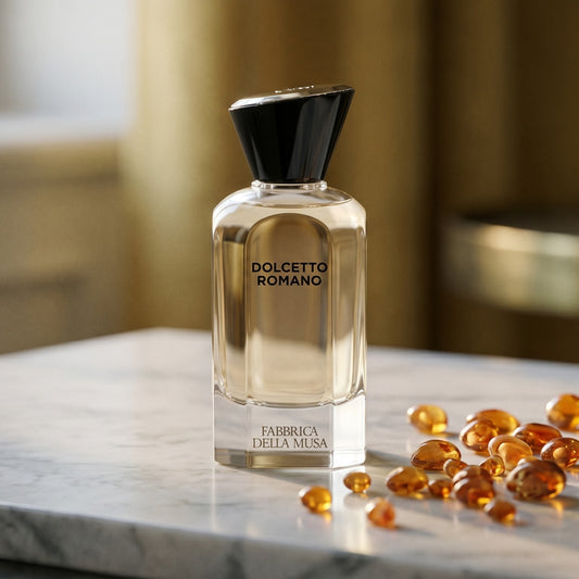 Fabbrica Della Musa Dolcetto Romano EDP on cream stone with a scatter of honey-colored ambergris flakes