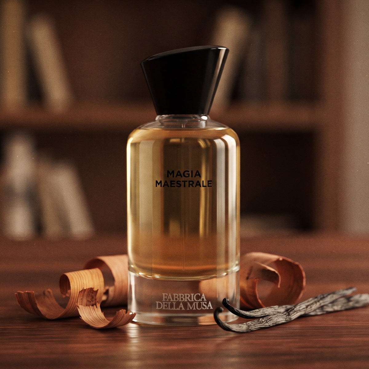 Fabbrica Della Musa Magia Maertrale EDP on dark cedar wood with a split vanilla pod and cedar shavings